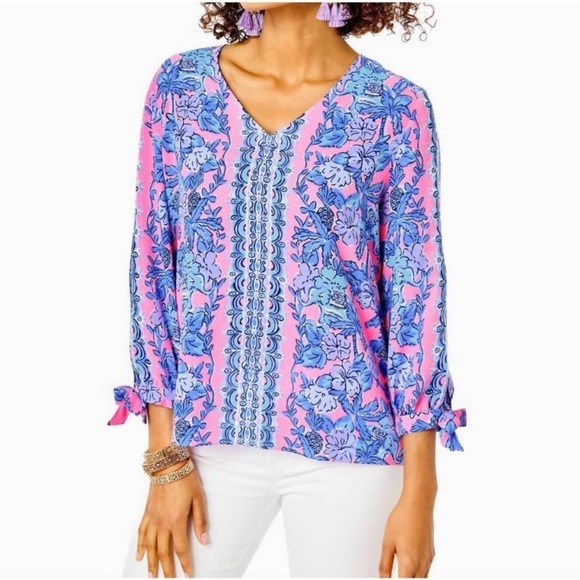 NEW LILLY PULITZER pamala lileeze top in soleil pink palm paradise - Picture 1 of 10